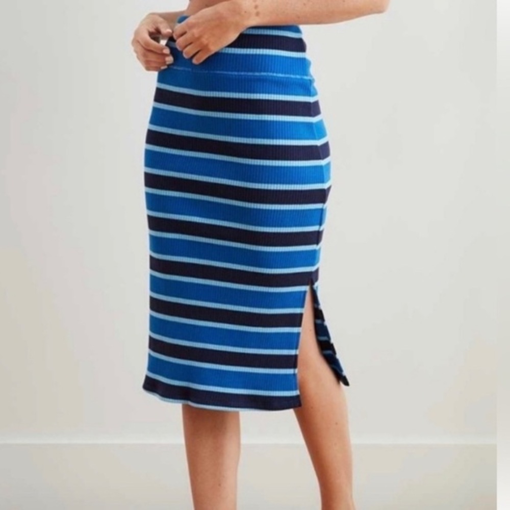 Aerie High Waisted Midi Blue Striped Skirt